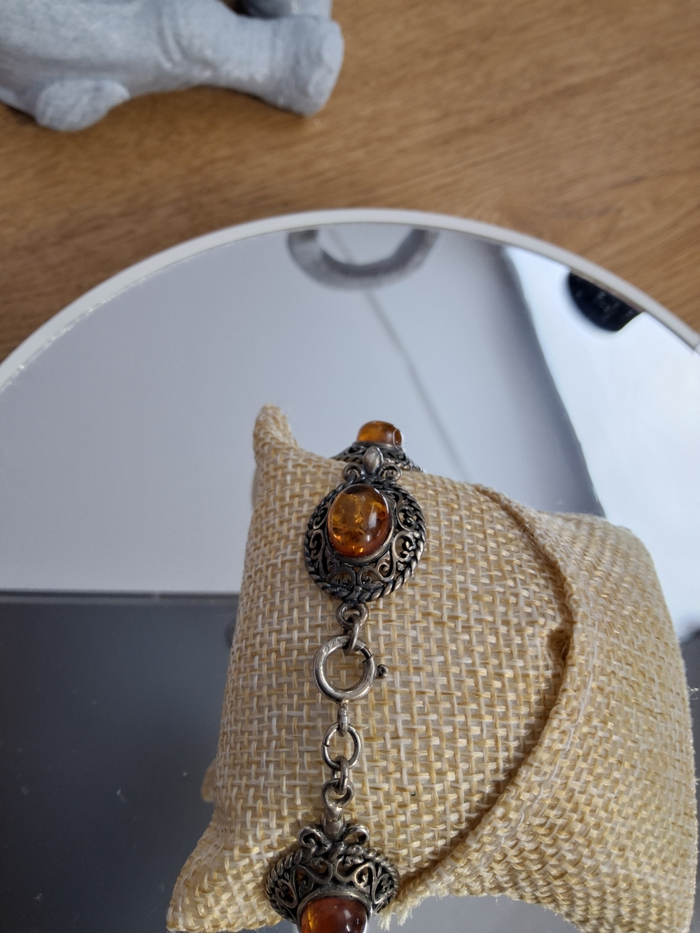 Vintage Sterling Silver Baltic Amber Oval Cabochon Link Chain Bracelet Size 7 - Picture 5 of 6